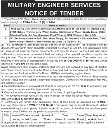 Military Engineer Services Tender Notice